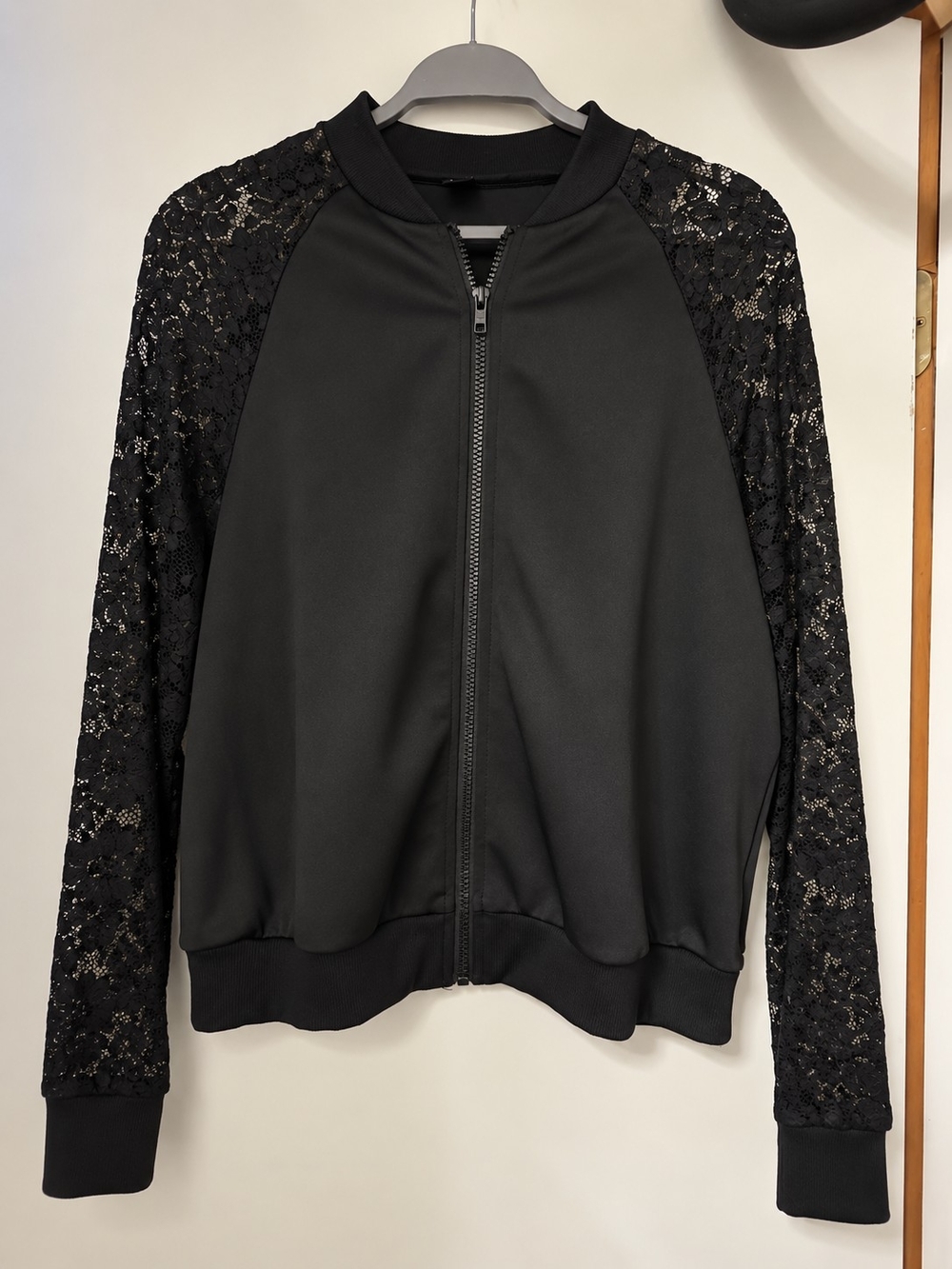 Black Lace-Sleeve Bomber Jacket - Women's